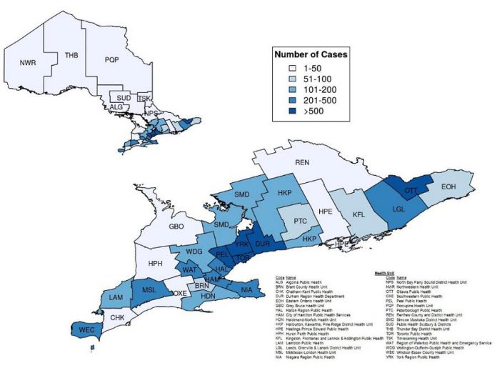  Confirmed cases of COVID-19 in Ontario by public health unit, January 15 - April 17, 2020. (Graphic: Public Health Ontario)