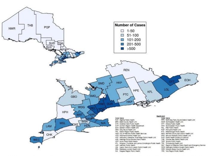 Confirmed cases of COVID-19 in Ontario by public health unit, January 15 - April 18, 2020. (Graphic: Public Health Ontario)