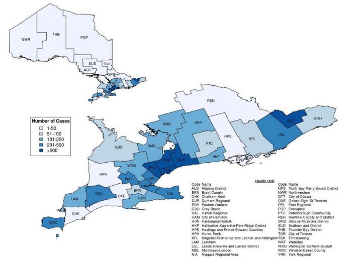 Confirmed cases of COVID-19 in Ontario by public health unit, January 15 - April 19, 2020. (Graphic: Public Health Ontario)