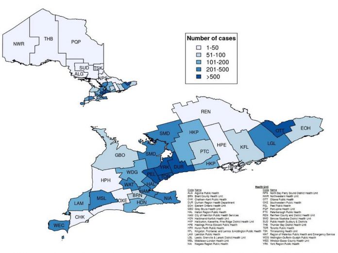 Confirmed cases of COVID-19 in Ontario by public health unit, January 15 - April 20, 2020. (Graphic: Public Health Ontario)