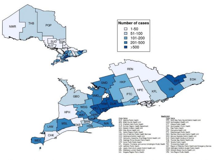 Confirmed cases of COVID-19 in Ontario by public health unit, January 15 - April 21, 2020. (Graphic: Public Health Ontario)