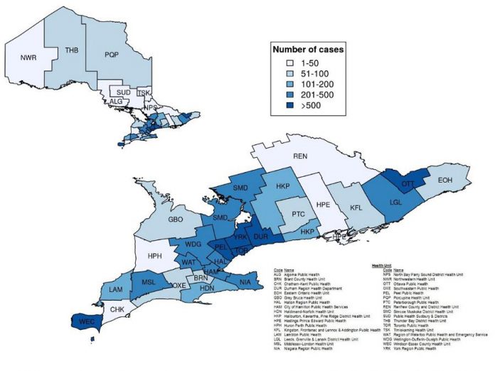  Confirmed cases of COVID-19 in Ontario by public health unit, January 15 - April 22, 2020. (Graphic: Public Health Ontario)