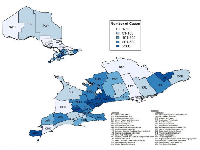 Confirmed cases of COVID-19 in Ontario by public health unit, January 15 - April 24, 2020. (Graphic: Public Health Ontario)
