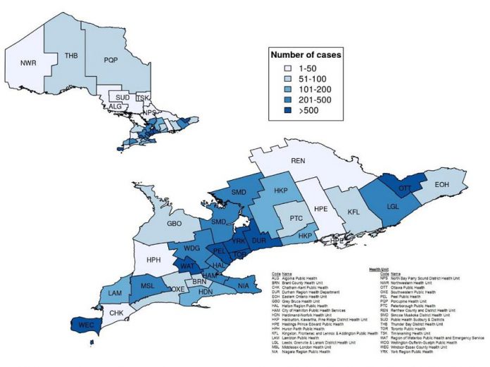Confirmed cases of COVID-19 in Ontario by public health unit, January 15 - April 26, 2020. (Graphic: Public Health Ontario)