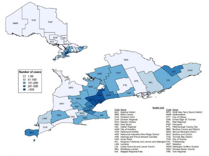 Confirmed cases of COVID-19 in Ontario by public health unit (January 15 - April 9, 2020)