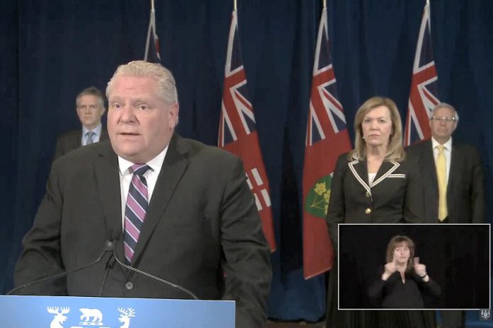 On April 27, 2020, Ontario Premier Doug Ford announces a framework for reopening the province after COVID-19. (Screenshot / YouTube)