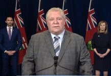 Ontario Premier Doug Ford announcing an expansion of eligibility for free child care to more front-line workers on April 29, 2020, along with Minister of Education Stephen Lecce and Minister of Health Christine Elliott. (Screenshot / CPAC)