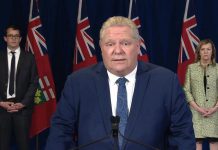 Ontario Premier Doug Ford, along with labour, training and skills development minister Monte McNaughton and health minister Christine Elliott, announced COVID-19 workplace safety guidelines for employers on April 30, 2020. (Screenshot / CPAC)
