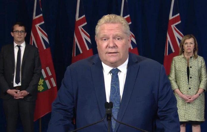 Ontario Premier Doug Ford, along with labour, training and skills development minister Monte McNaughton and health minister Christine Elliott, announced COVID-19 workplace safety guidelines for employers on April 30, 2020. (Screenshot / CPAC)