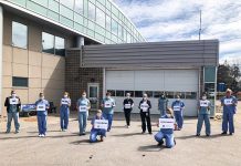 The emergency dapartment team at Ross Memorial Hospital in Lindsay with a message for the community: "We are here for you, please stay home for us." (Photo courtesy of Ross Memorial Hospital)