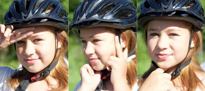 The 2-V-1 helmet check helps cyclists of all ages learn how to properly wear a helmet in three short steps. It's a great activity for the whole household to try, and one small but important way to get children engaged in their own safety. (Photos: GreenUP)