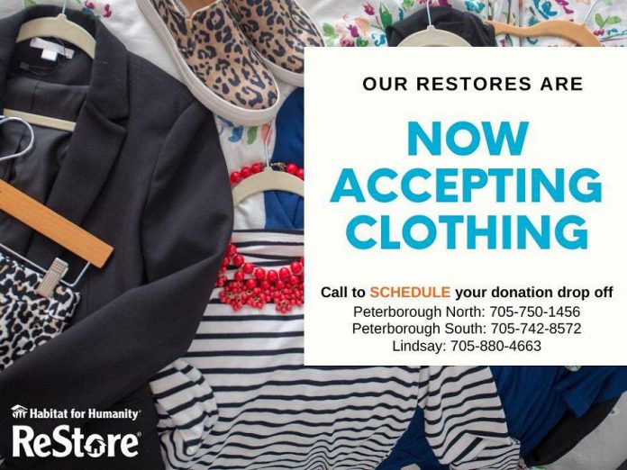 ReStores in Peterborough and Lindsay are now accepting clothing donations. You must call first to schedule a contactless donation drop-off. (Graphic: Habitat for Humanity Peterborough & Kawartha Region)