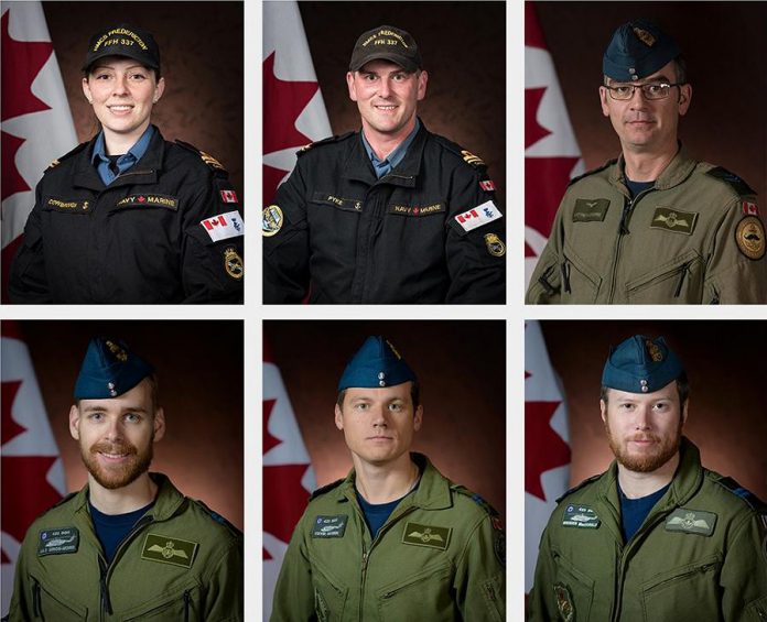 From top left: Sub-Lieutenant Abbigail Cowbrough, a Maritime Systems Engineering Officer; Sub-Lieutenant Matthew Pyke, Naval Warfare Officer; Master Corporal Matthew Cousins, Airborne Electronic Sensor Operator; Captain Maxime Miron-Morin, Air Combat Systems Officer; Captain Kevin Hagen, Pilot; Captain Brenden Ian MacDonald, Pilot. (Photos: Department of National Defence)