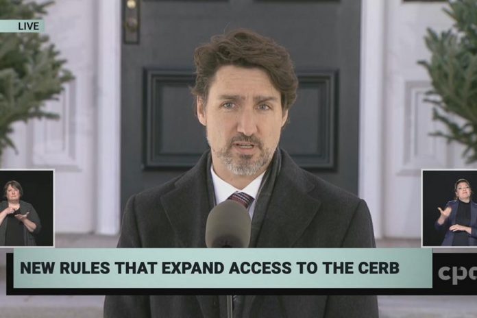 Prime Minister Justin Trudeau announces expanded eligibility for the Canadian Emergency Response Benefit on April 15, 2020. (Photo: CPAC)