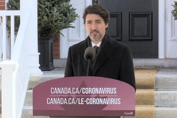 Prime Minister Justin Trudeau at Rideau Cottage in Ottawa on April 22, 2020 announcing the new Canada Emergency Student Benefit. (Photo: Office of the Prime Minister / YouTube)