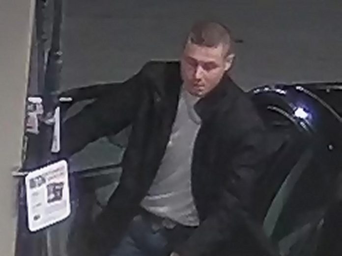 This man is wanted by the Kawartha Lakes Police Service in connection with in a stolen vehicle investigation in Lindsay. He was on video surveillance at a gas station in Cobourg on March 31, 2020, where he stole gasoline. (Police-supplied photo)