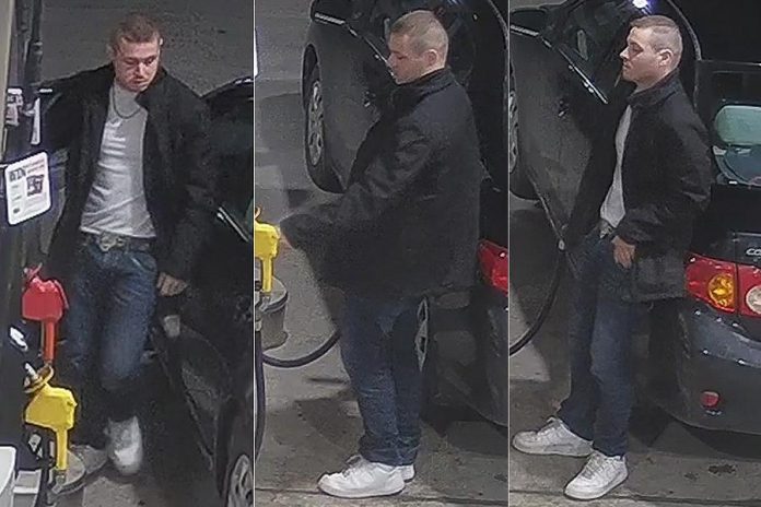 This man is wanted by the Kawartha Lakes Police Service in connection with in a stolen vehicle investigation in Lindsay. He was on video surveillance at a gas station in Cobourg on March 31, 2020, where he stole gasoline. (Police-supplied photos)