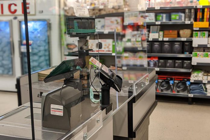 All check-out stations have plexiglass shields to protect the health and safety of both employees and customers. The plexiglas dividers will become a permanent fixture moving forward. (Photo: Bruce Head / kawarthaNOW.com)