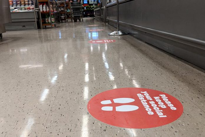 Floor markers at deli counters encourage customers to keep their distance. (Photo: Bruce Head / kawarthaNOW.com)