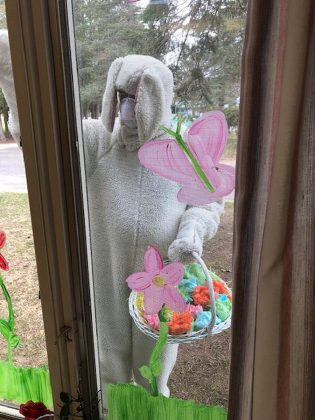 The Easter Bunny waves to Pinecrest residents through their windows at the Bobcaygeon nursing home on April 12, 2020.  (Photo courtesy of Pinecrest Nursing Home)