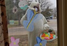 The Easter Bunny arrived at Pinecrest Nursing Home in Bobcyageon on Easter Sunday to wave to residents through their windows. For the third day in a row, there have been no deaths of residents from COVID-19 at the long-term care facilitiy. (Photo courtesy of Pinecrest Nursing Home)