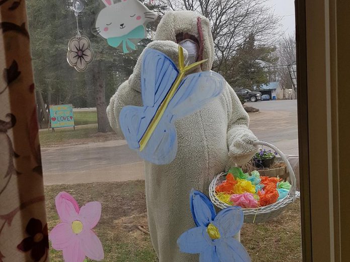 The Easter Bunny arrived at Pinecrest Nursing Home in Bobcyageon on Easter Sunday to wave to residents through their windows. For the third day in a row, there have been no deaths of residents from COVID-19 at the long-term care facilitiy. (Photo courtesy of Pinecrest Nursing Home)