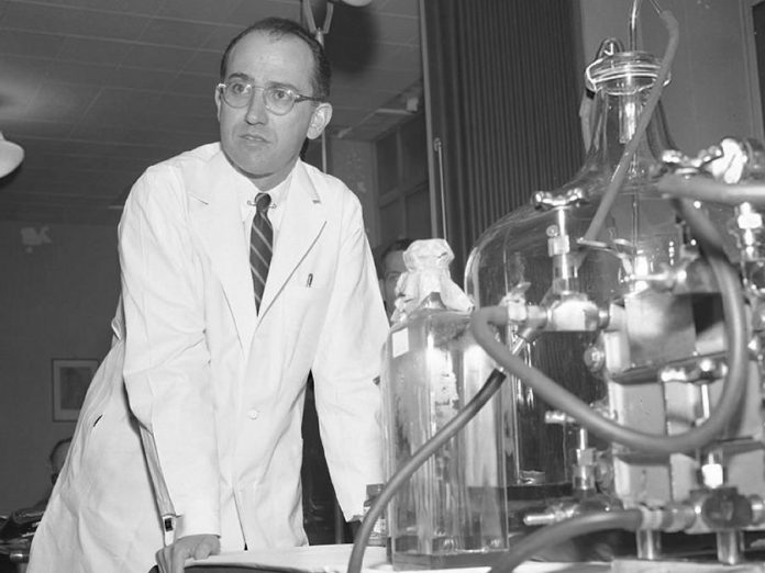 Jonas Salk and his team at the University of Pittsburgh developed the first successful polio vaccine, an injected dose of dead poliovirus, which was approved for use on April 12, 1955. The vaccine was largely funded by the March of Dimes, an organization founded as the National Foundation for Infantile Paralysis in 1938 by U.S. President Franklin D. Roosevelt, who himself was thought to have contracted polio in 1921, leaving his legs paralyzed. (Photo: March of Dimes Foundation)