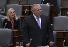 Premier Doug Ford addresses the speaker of the house during a special sitting of the Ontario legislature on April 14, 2020 to extend the the province's state of emergency for an additional 28 days until Tuesday, May 12th. (Photo: Legislative Assembly of Ontario)