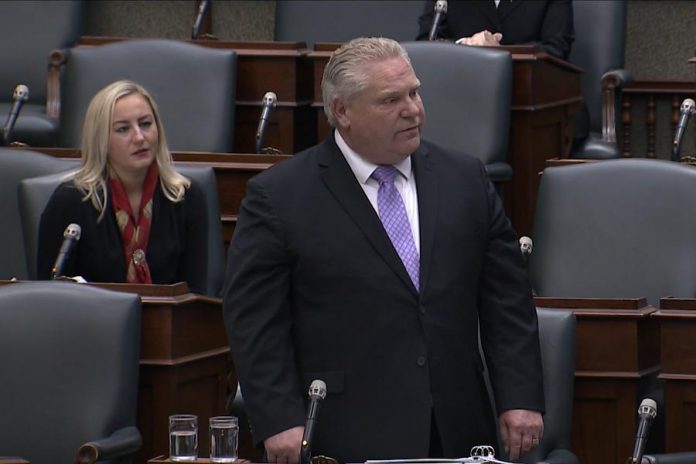 Premier Doug Ford addresses the speaker of the house during a special sitting of the Ontario legislature on April 14, 2020 to extend the the province's state of emergency for an additional 28 days until Tuesday, May 12th. (Photo: Legislative Assembly of Ontario)