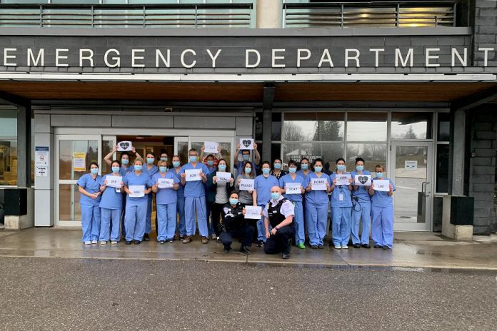 The Emergency Department team at Peterborough Regional Health Centre (PRHC) with a message for the community. The PRHC Foundation has established a COVID-19 response fund to ensure our regional hospital can respond quickly to the pandemic crisis to help save lives and to limit the spread of the infection in our community. Right now, donors have a special opportunity to double the impact of their gifts to the PRHC Foundation's COVID-19 response fund thanks to a generous matching gift of up to $50,000 from long-time PRHC champions David and Patricia Morton. (Photo: PRHC)