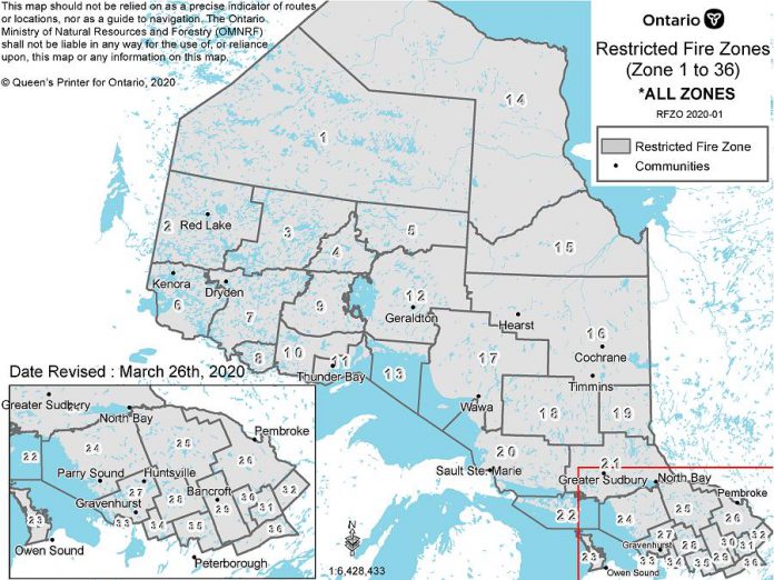 The entirety of Ontario's legislated fire region has been designated as a restricted fire zone effective April 3, 2020 until further notice. The Ontario government  made the decision to support emergency responders during the COVID-19 pandemic. (Graphic: Government of Ontario)