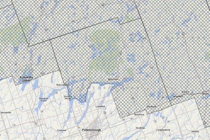 Here is the southern border of the restricted fire zone in the Kawarthas region. Everything in the cross-hatched area is within the restricted fire zone, which went into effect April 3, 2020 until further notice. The Ontario government  made the decision to support emergency responders during the COVID-19 pandemic. (Graphic: Government of Ontario)