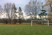 Effective May 19, 2020, the Ontario government is allowing some outdoor recreational amenities to open, such as these soccer fields at Beavermead Park in Peterborough. (Photo: Bruce Head / kawarthaNOW)