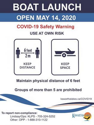 The municipality of Kawartha Lakes will replace public boat launch closure signs with these signs reminding boaters of COVID-19 safety requirements. (Graphic: Kawartha Lakes)