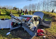 A 25-year-old Quinte West woman totalled her car when she crashed into a cemetery just west of Brighton on May 2, 2020. She has been charged with impaired driving and driving while under suspension. (Photo: OPP Central Region / Twitter)