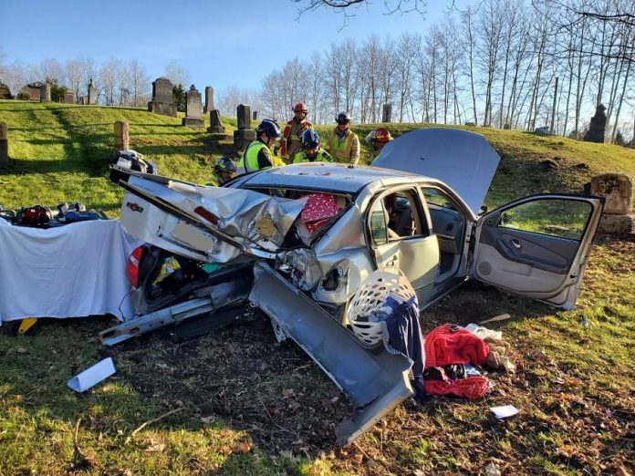 A 25-year-old Quinte West woman totalled her car when she crashed into a cemetery just west of Brighton on May 2, 2020. She has been charged with impaired driving and driving while under suspension. (Photo: OPP Central Region / Twitter)