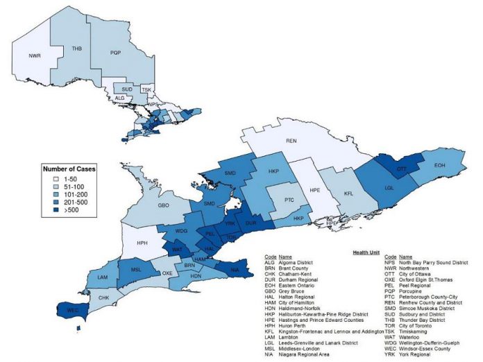 Confirmed cases of COVID-19 in Ontario by public health unit, January 15 - May 10, 2020. (Graphic: Public Health Ontario)
