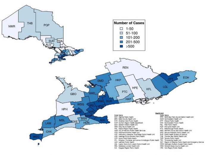 Confirmed cases of COVID-19 in Ontario by public health unit, January 15 - May 14, 2020. (Graphic: Public Health Ontario)