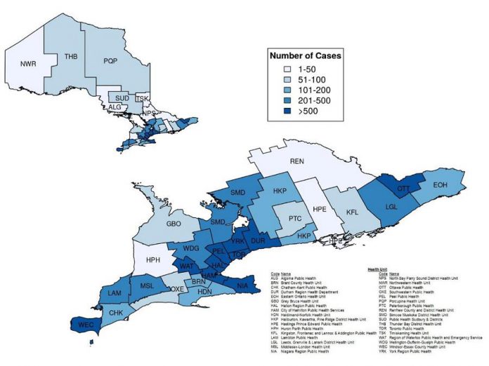 Confirmed cases of COVID-19 in Ontario by public health unit, January 15 - May 15, 2020. (Graphic: Public Health Ontario)