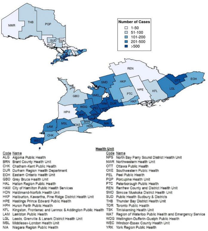 Confirmed cases of COVID-19 in Ontario by public health unit, January 15 - May 16, 2020. (Graphic: Public Health Ontario)