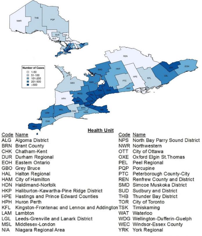 Confirmed cases of COVID-19 in Ontario by public health unit, January 15 - May 17, 2020. (Graphic: Public Health Ontario)
