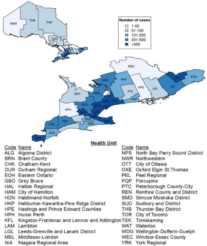 Confirmed cases of COVID-19 in Ontario by public health unit, January 15 - May 18, 2020. (Graphic: Public Health Ontario)