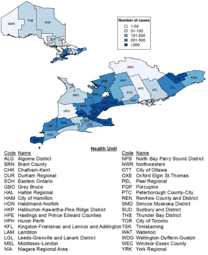 Confirmed cases of COVID-19 in Ontario by public health unit, January 15 - May 19, 2020. (Graphic: Public Health Ontario)