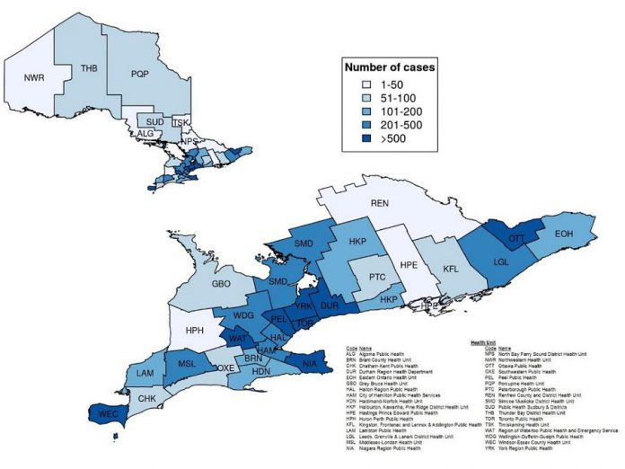  Confirmed cases of COVID-19 in Ontario by public health unit, January 15 - May 5, 2020. (Graphic: Public Health Ontario)