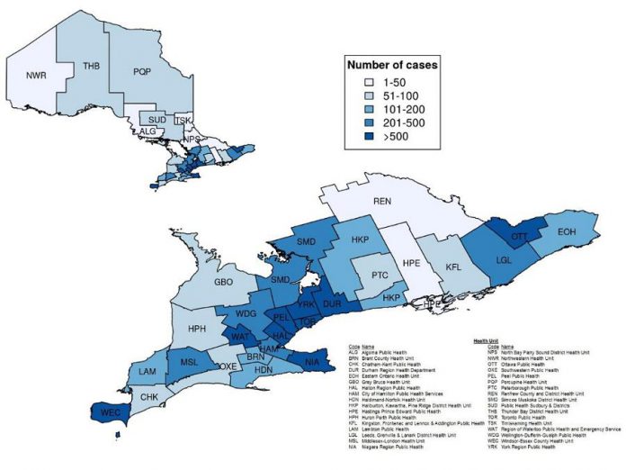 Confirmed cases of COVID-19 in Ontario by public health unit, January 15 - May 6, 2020. (Graphic: Public Health Ontario)
