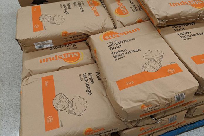 Not bags of cement: 20-kilogram bags of flour at No Frills in downtown Peterborough on May 7, 2020. According to Statistics Canada, sales of flour at Canadian grocery stores peaked at 200 per cent in March over the same time last year, reflecting the number of Canadians baking at home during the pandemic. Flour sales slowed in early April, but continue to exceed last year's sales by 81 per cent. (Photo: Bruce Head / kawarthaNOW.com)
