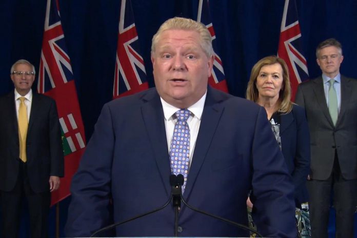 Ontario Premier Doug Ford, along with economic development minister Vic Fedeli, finance minister Rod Phillips, and health minister Christine Elliott, announced on May 1, 2020 that certain businesses and workplaces can reopen at midnight on May 4, 2020. (Screenshot / CPAC)
