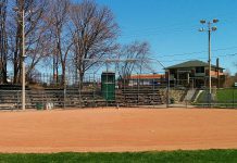 Outdoors sports fields like the baseball diamonds in Peterborough's East City are open, but for solitary use only. Due to the continuing Ontario government emergency order probibiting gatherings of people to no more than five, team play is not yet allowed. (Photo: Bruce Head / kawarthaNOW.com)