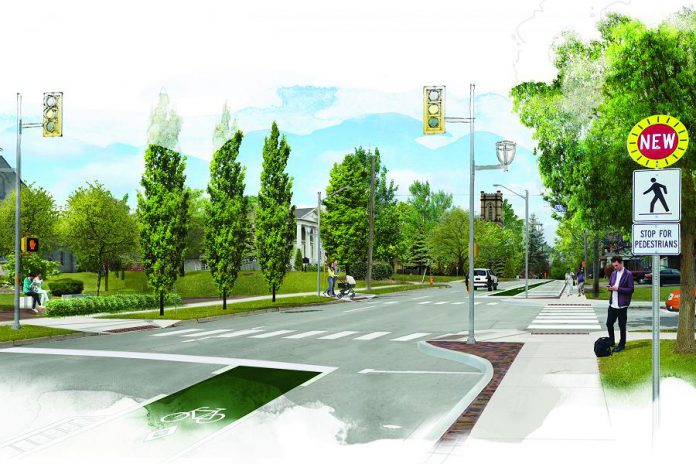 Part of the NeighbourPLAN vision for the Downtown Jackson Creek neighbourhood, this illustration shows what Rubidge Street at Hunter Street could look like with a curb bump-out, buffered bike lane, and dedicated parking. All of these components fit into the currently paved roadway by reducing the drive lanes. (Rendering: Basterfield & Associates Inc. Landscape Architects)