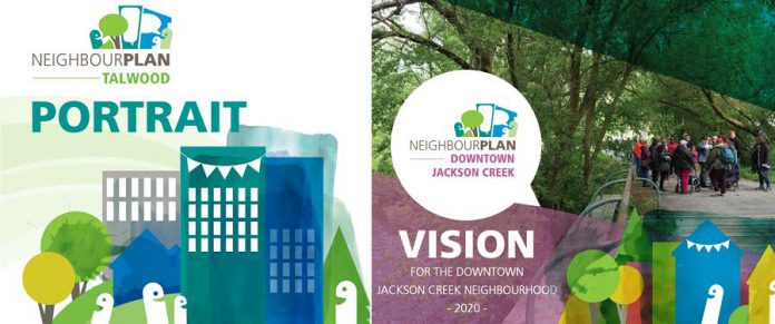 The covers of the NeighbourPLAN "Portrait of the Talwood Neighbourhood" and "Vision for the Downtown Jackson Creek Neighborhood". Both documents are available on the GreenUP website. (Graphics courtesy of GreenUP)